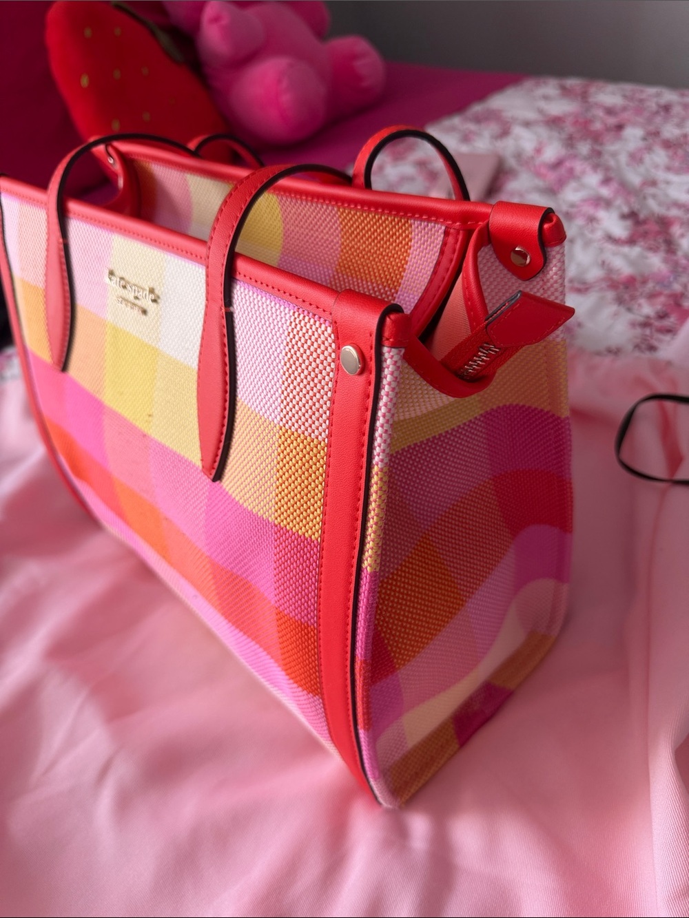 kate spade Pink, Orange & Yellow plaid Canvas Tote - Picture 2 of 14